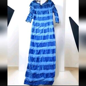 Vtg D'ore Formal 100% Silk Dress Royal Blue Embellished Beads Sequins FLAW | 10